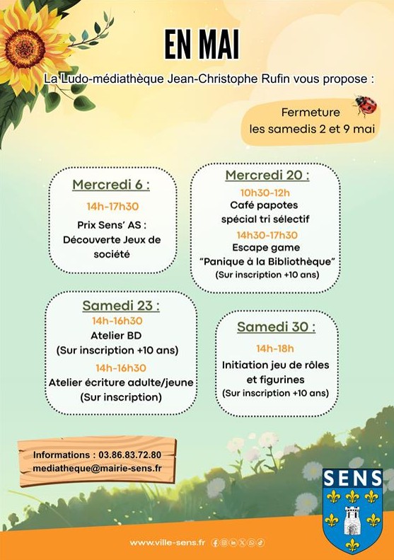 Programme du mois de mai 2026 à la Ludo-Médiathèque Jean-Christophe Rufin
